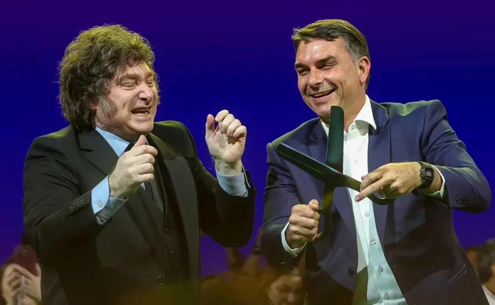 Milei compartilha vídeo de Flávio Bolsonaro votando e usa expressão irônica